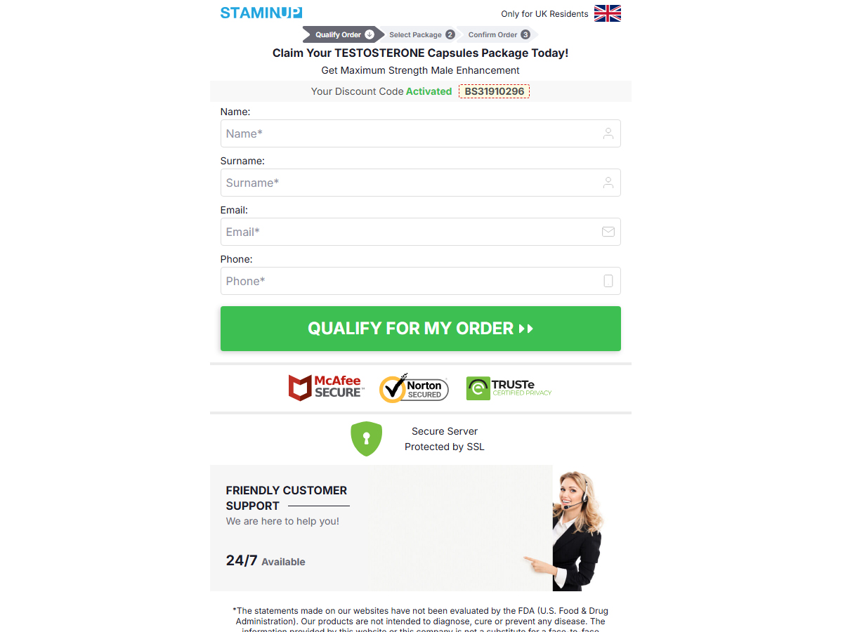 StaminUP Testosterone Capsules ~ Low CTC - DTC [UK]