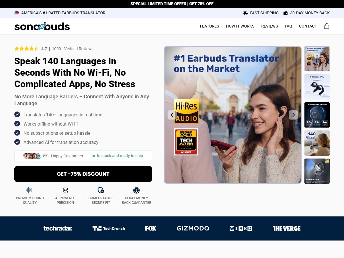 **HOT** SonaBuds Translating Earbuds ~ CTC $79.95 {+Advertorial, DTC, Alt-Landers} [US, DE, CA, AU, UK, FR, IL, +232 More]