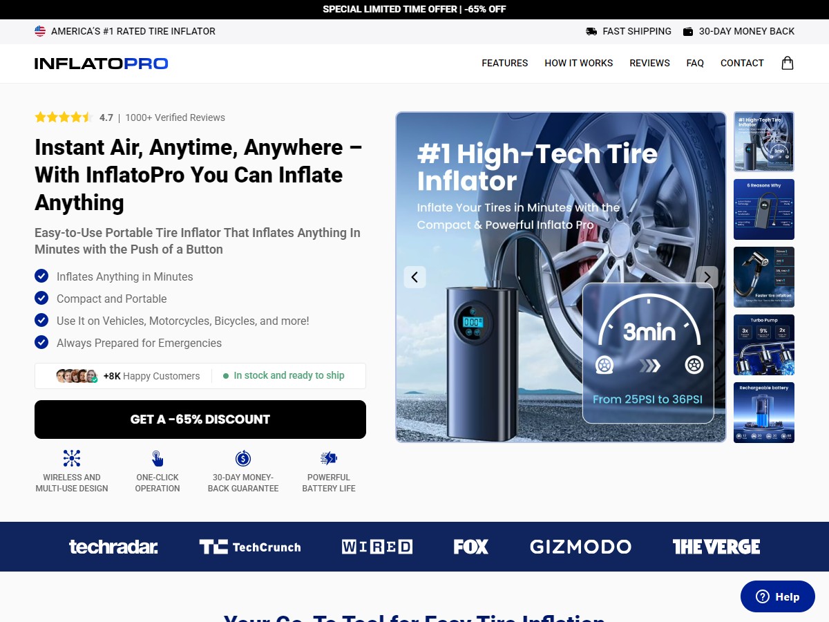 InflatoPro Tire Inflator ~ CTC $59.99 [US, DE, CA, AU, UK, FR, IL, +232 More]