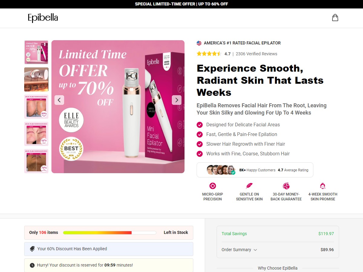 Epibella Facial Epilator ~ CTC $49.99 [US, DE, CA, AU, UK, FR, IL, +232 More]