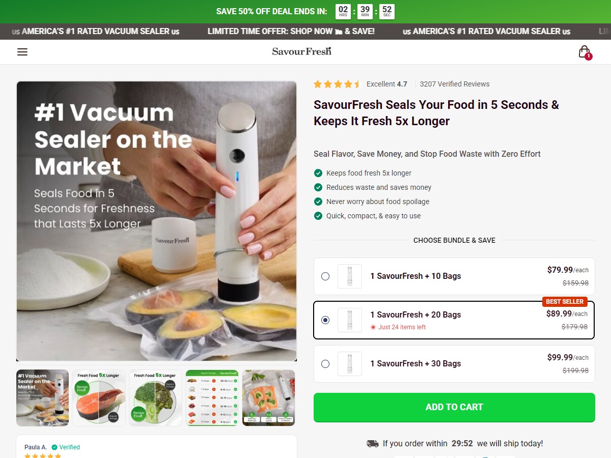 SavourFresh Vacuum Sealer ~ CTC $79.99 [US, DE, CA, AU, UK, FR, IL, +232 More]