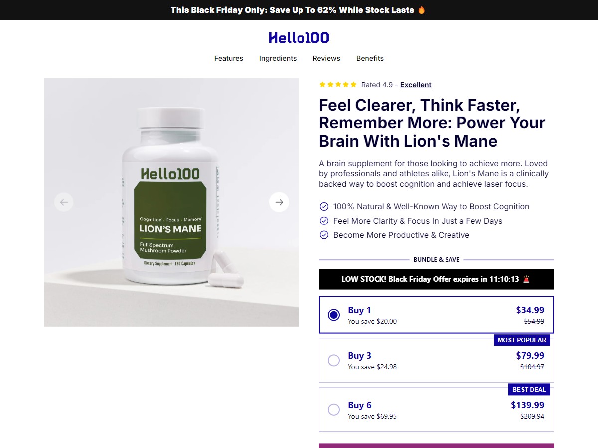 Hello100 Lion's Maine - Brain Health ~ No Paid Search - No SEO [US, DE, CA, AU, UK]