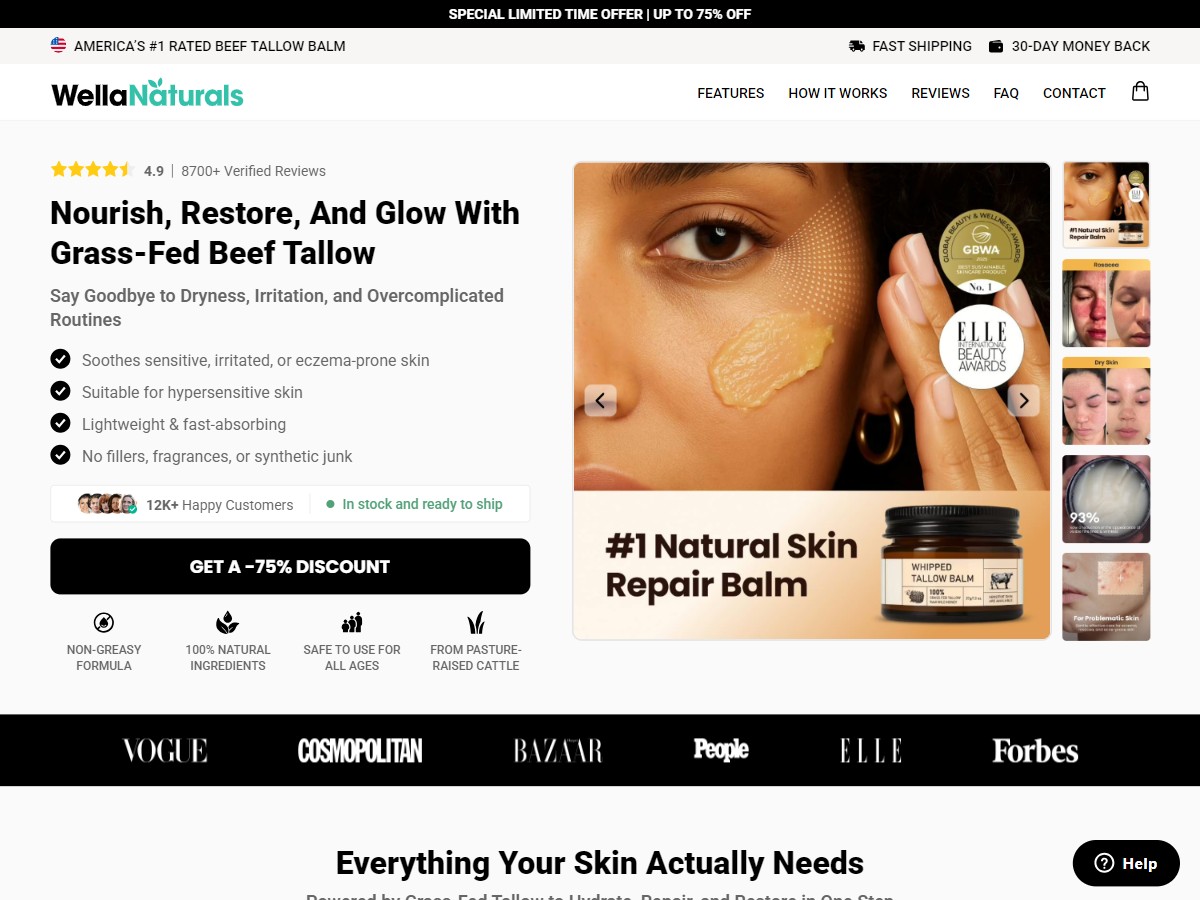 WellaNaturals Beef Tallow Balm ~ CTC $59.99 [US, DE, CA, AU, UK, FR, IL, +232 More]