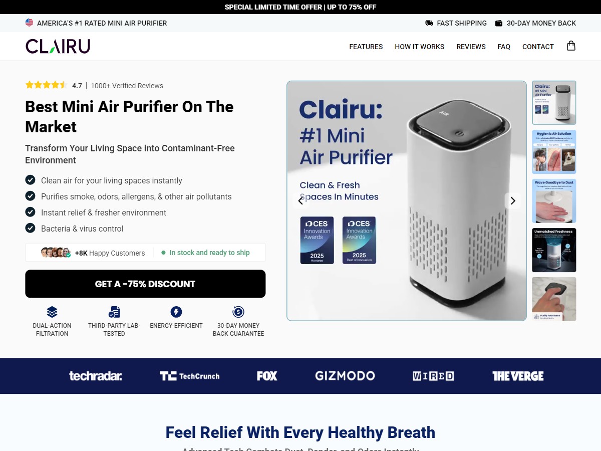 Clairu Mini Air Purifier ~ CTC $49.95 [US, DE, CA, AU, UK, FR, IL, +232 More]