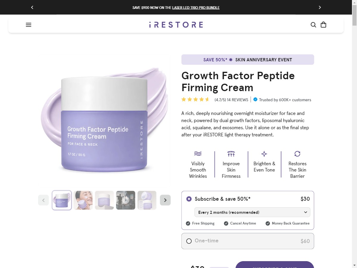 **NEW** iRestore - Growth Factor Peptide Firming Cream - New Customer [US, DE, CA, AU, UK, FR, ZA, +70 More]