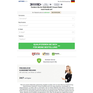 !  NEW OFFER - Arthro MD+ Cream German - DTC [DE] (Banner,Native,Social,Search,SEO,PPC,Push,Brand Bidding,Shopping) - CPA