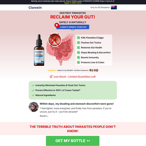 !  NEW OFFER - Clarexin Intestinal Parasite Cleanse - DTC [NZ] (Banner,Native,Social,Search,SEO,PPC,Push,Brand Bidding,Shopping) - CPA