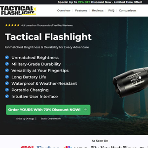 Tactical Flashlight - Product Page [US,UK,AU,DE,AT] (Social,Banner,Native,Push,SEO,Search,Brand Bidding) - CPA