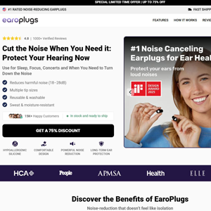 Earoplugs Noise Reducing Plugs - Product Page [INTL] (Social,Banner,Native,Push,SEO,Search,Brand Bidding) - CPA